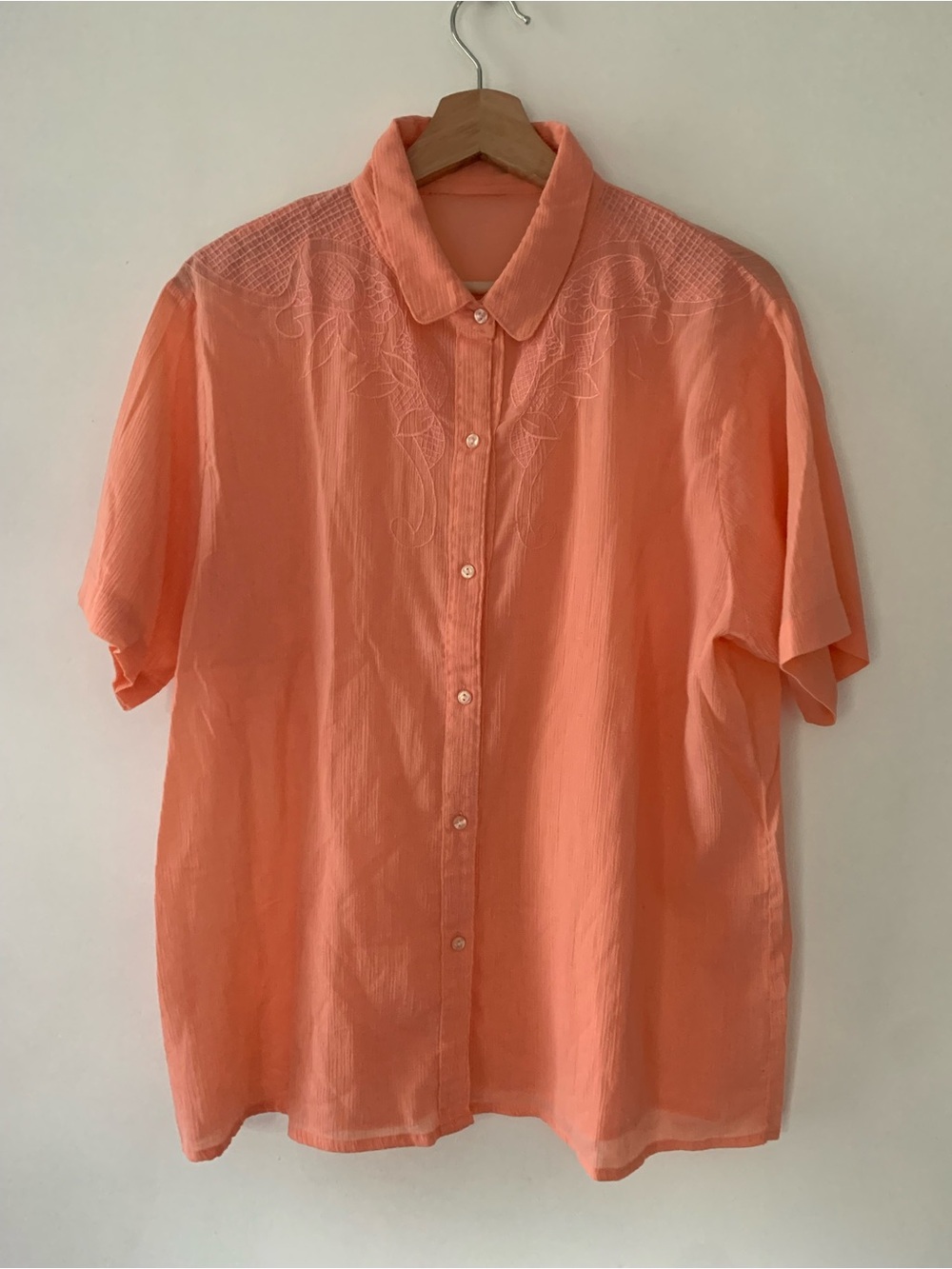 Vintage Sheer Embroidered Short-Sleeve Button-Up Shirt in Coral